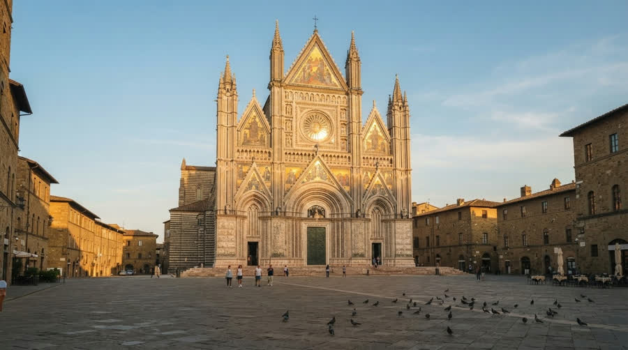 La facciata a mosaici del Duomo di Orvieto nella luce del tardo pomeriggio