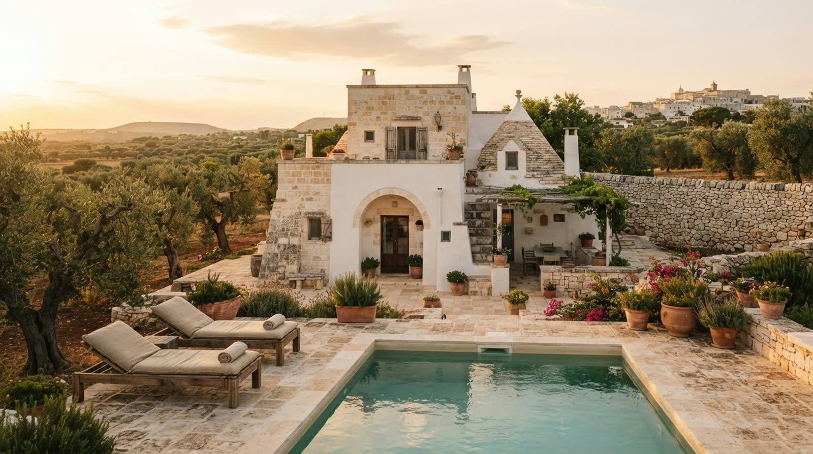 La casa in pietra con la piscina privata fra gli ulivi, al tramonto