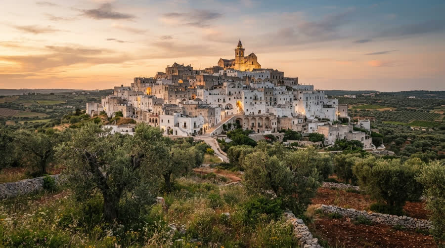 La città bianca di Ostuni vista dagli uliveti al tramonto